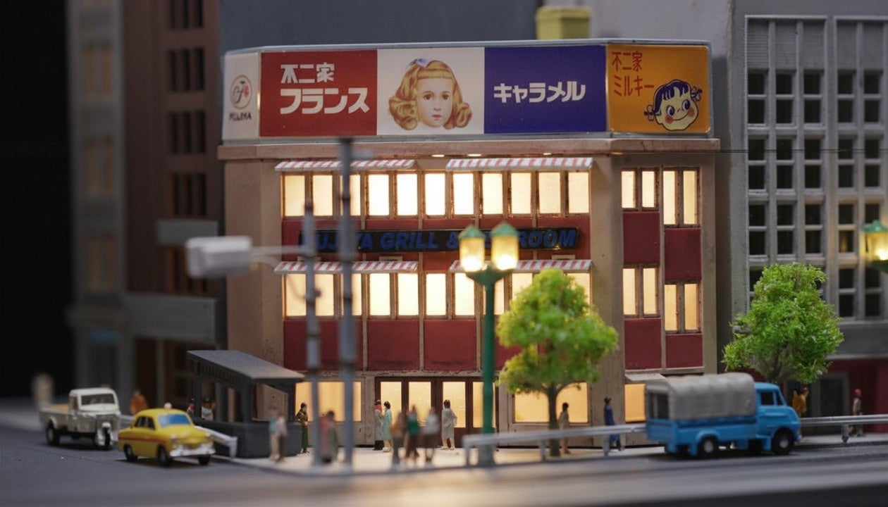 不二家数寄屋橋店の模型・照明イメージ。