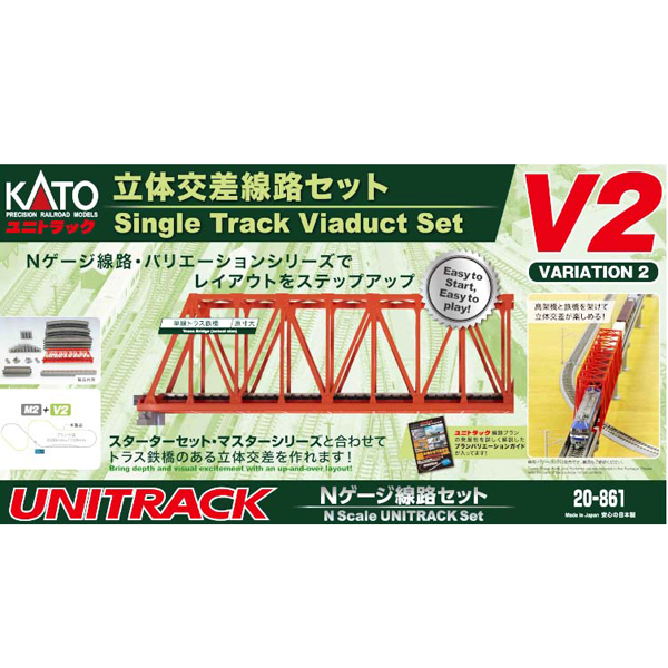 20-861 V2のパッケージ。赤いトラス鉄橋と線路の構成を示す商品資料です。箱にある車両・基本セットとの配置例は同梱内容と区別してください。画像：railways湘南ライン掲載商品資料。