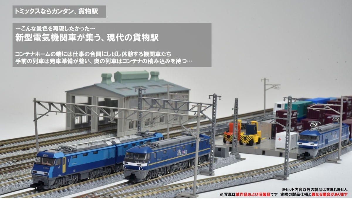 現代の貨物駅の模型配置例。他製品はセット外。画像:ホビーサーチの商品資料。