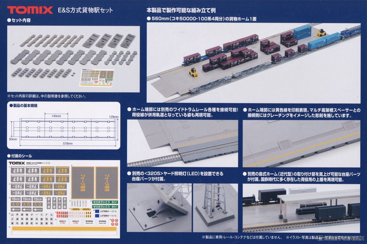 箱裏の部品一覧・寸法図と使用例。画像:ホビーサーチの商品資料。
